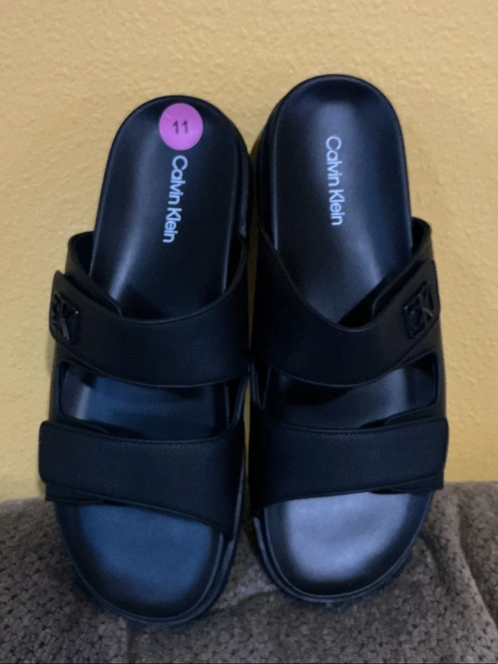 Calvin Klein Black Dual-Strap Slide Sandals new men size 11 logo tropical